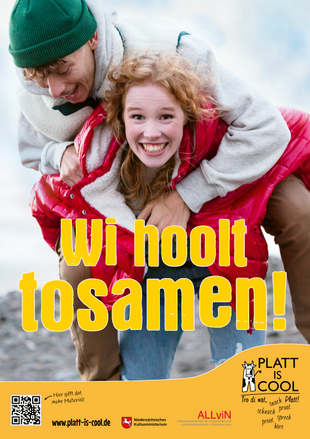"Wi hoolt tosamen!" Plakat "Freedag is Plattdag" 2026, Gestaltung: graphia-design.de